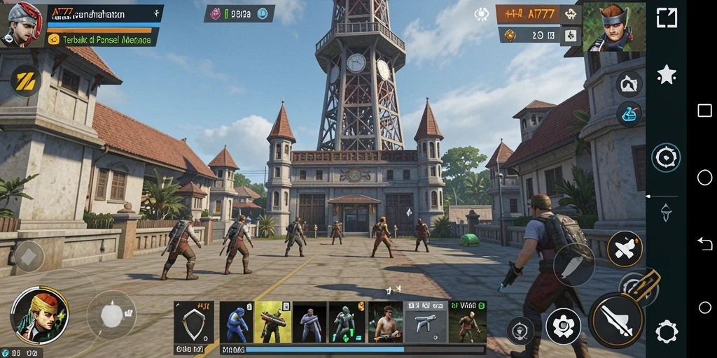 Tangkapan layar gameplay AT777 yang menampilkan menara dan musuh.