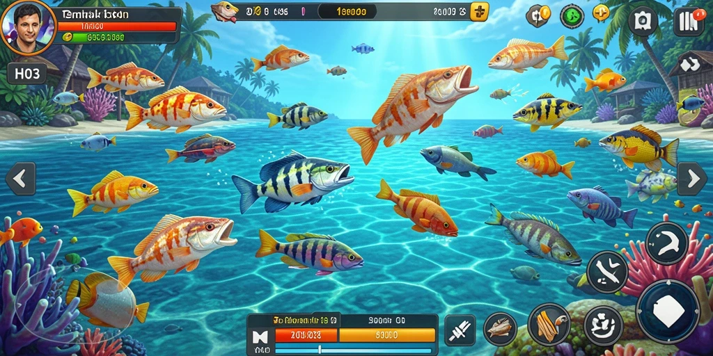 Screenshot H03 menampilkan aksi seru dalam menangkap ikan berwarna-warni.