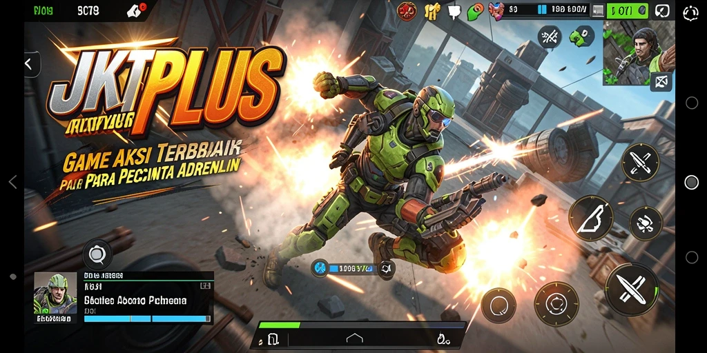 Screenshot utama JKTPLUS menampilkan aksi seru dalam pertempuran.