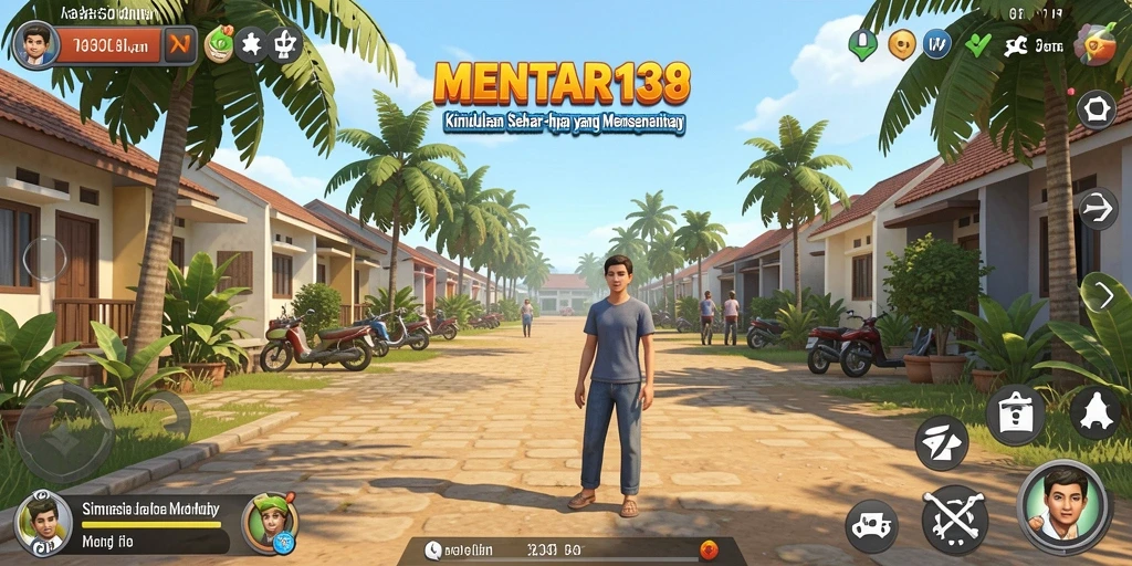 Tangkapan layar utama gameplay MENTARI138 menampilkan karakter dalam aktivitas sehari-hari.