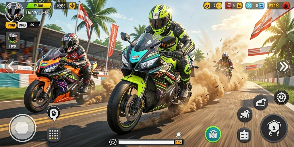 Tampilan gameplay PT89 saat seru balapan motor.