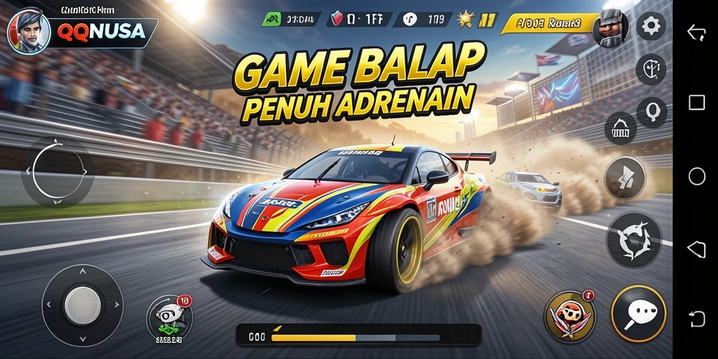 Tangkapan layar gameplay QQNUSA dengan aksi balap yang mendebarkan.