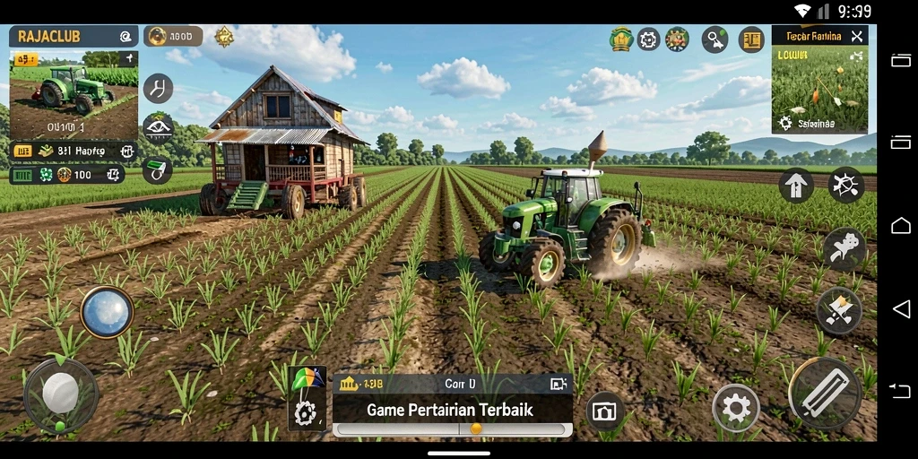 Screenshot gameplay RAJACLUB menampilkan ladang yang indah dan hewan ternak.