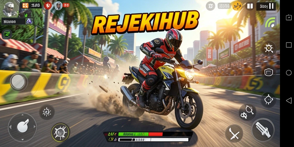 Tampilan gameplay seru REJEKIHUB dengan balapan motor yang intens.