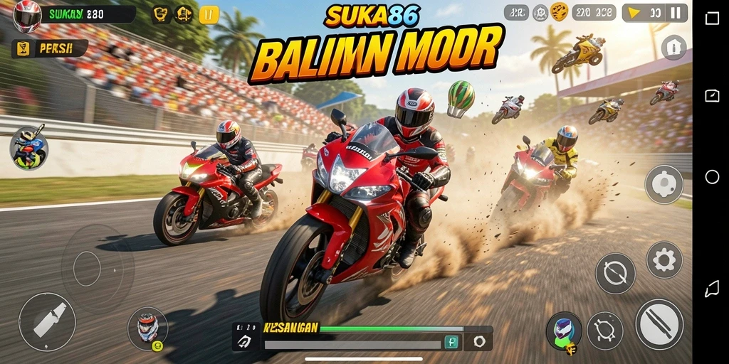 Menampilkan aksi balapan motor yang mendebarkan di trek menantang.