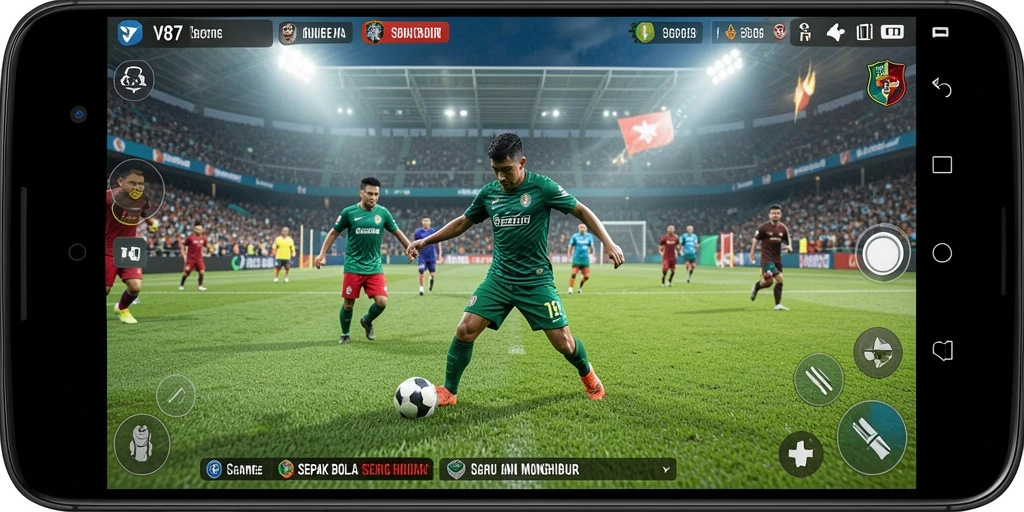 Screenshot gameplay <strong>V87</strong> yang menampilkan aksi sepak bola seru di lapangan.
