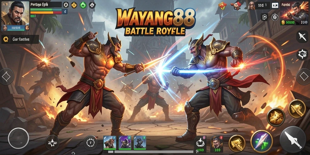 Tangkapan layar utama menunjukkan pertempuran intens dalam WAYANG88 Battle Royale.